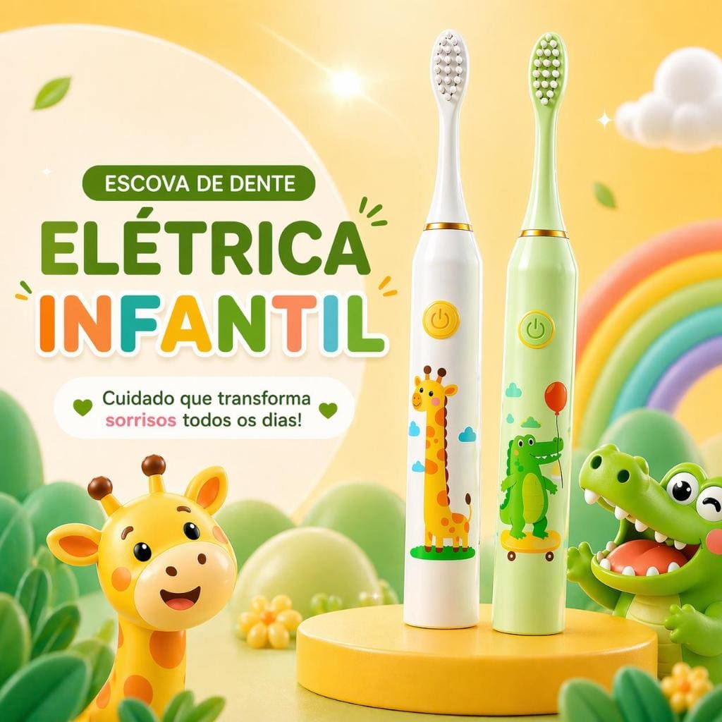 Escova de Dente Elétrica Infantil + 4 Refis Limpeza Suave Cerdas Macias à Prova D'Água Recarregável Higiene
