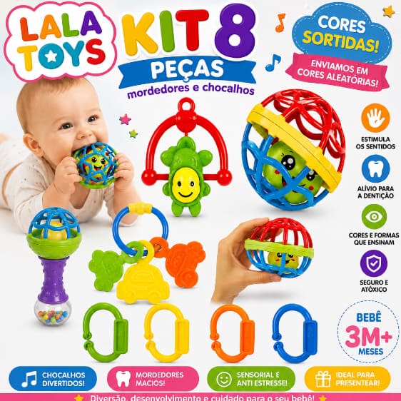 Kit Mordedores & Chocalhos Divertidos – 8 Peças